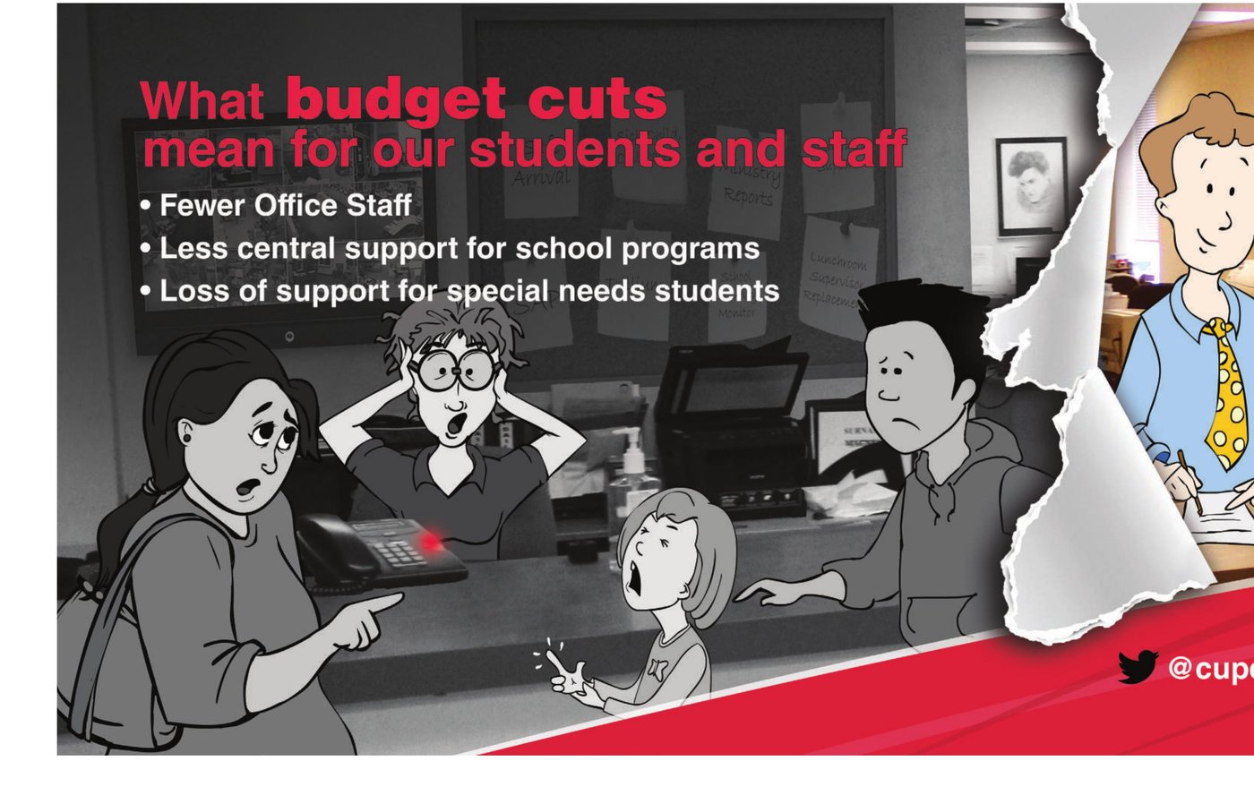 Office Administrator subway car ad: What budget cuts mean for our students and staff, Toronto Education Workers campaign