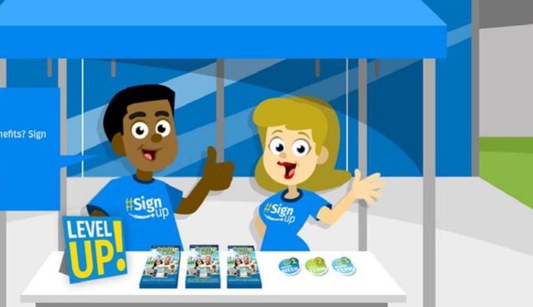 Sign-up kiosk characters from the LEVEL UP! campaign inviting part-time workers to join