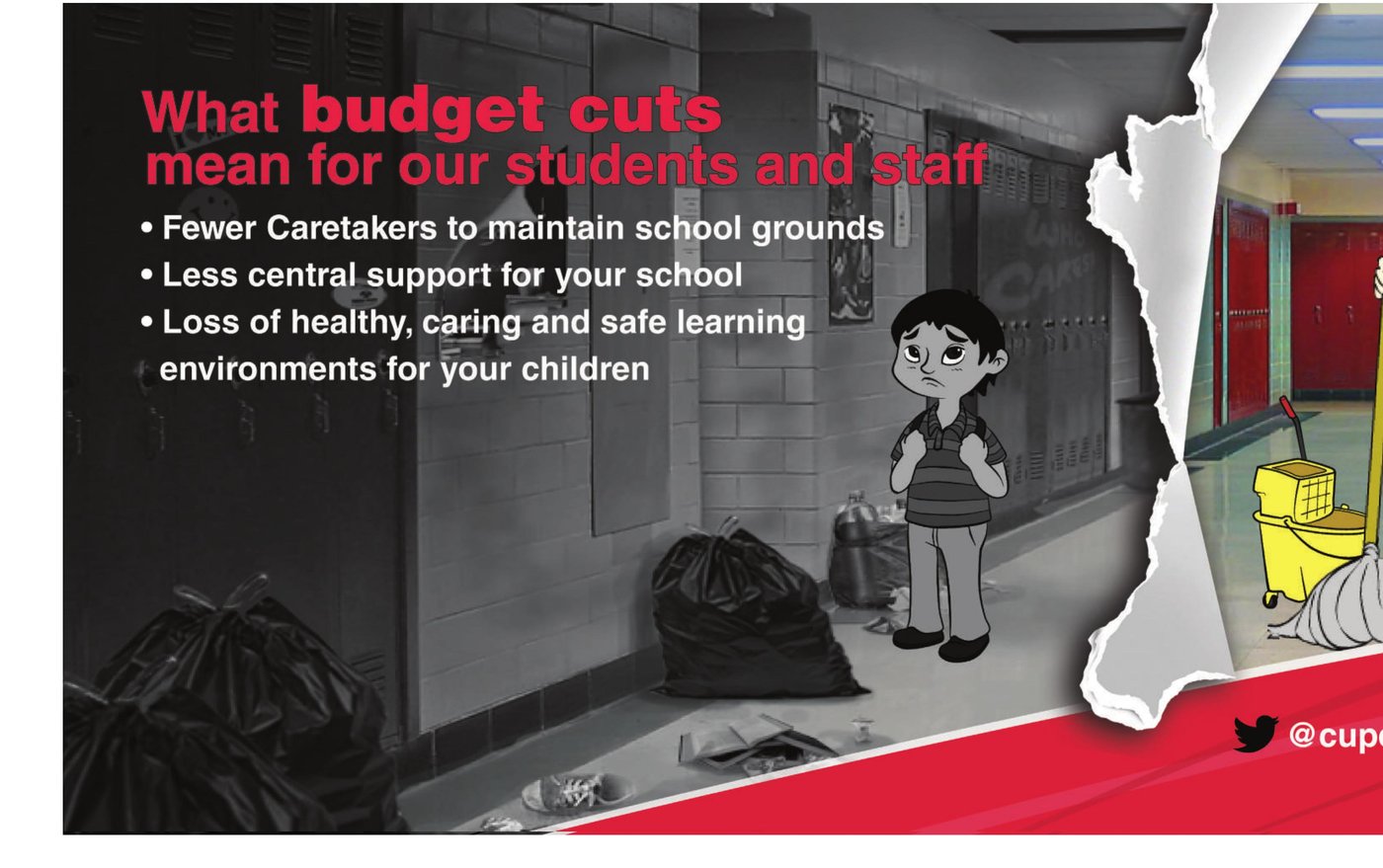 Caretaker subway car ad: What budget cuts mean for our students and staff, Toronto Education Workers campaign