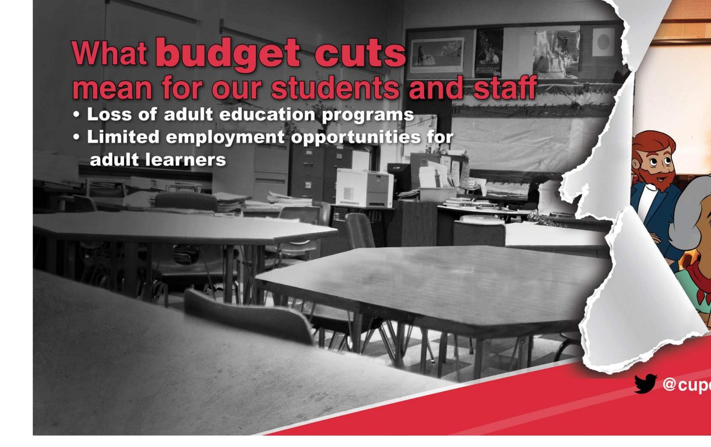 Adult Education subway car ad: What budget cuts mean for our students and staff, Toronto Education Workers campaign