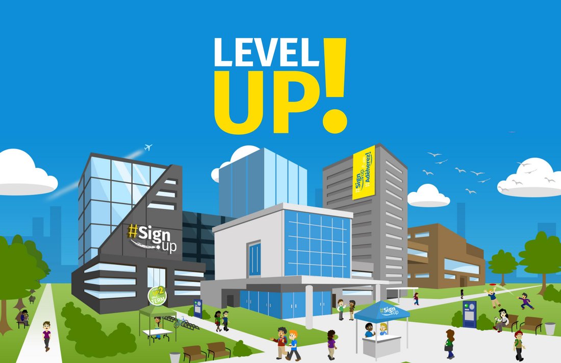 Illustrated LEVEL UP! campus world built for the #SignUp / #Adhérez! organizing drive